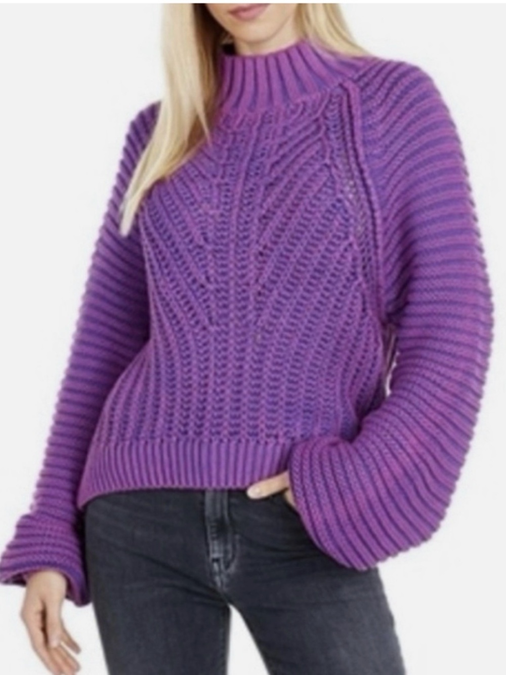 Free People Cotton Sweater Cable Glowing Orchid Purple Chunky Knit High Neck XS